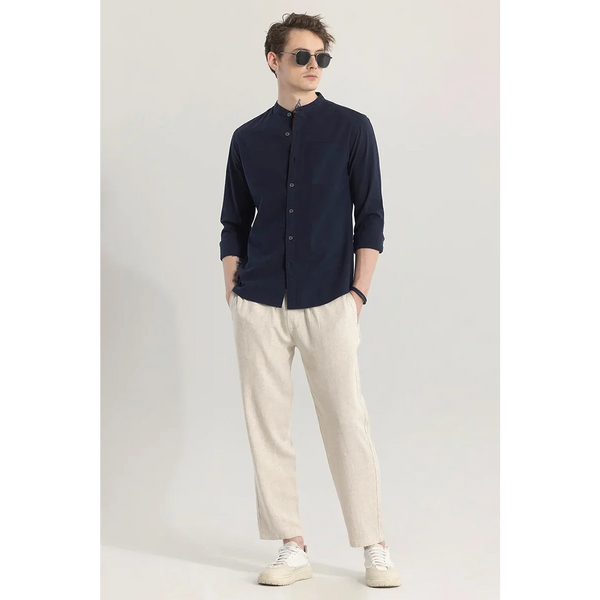 Navy Mandarin Collar Pocket Slim Shirt | Montivo Pakistan