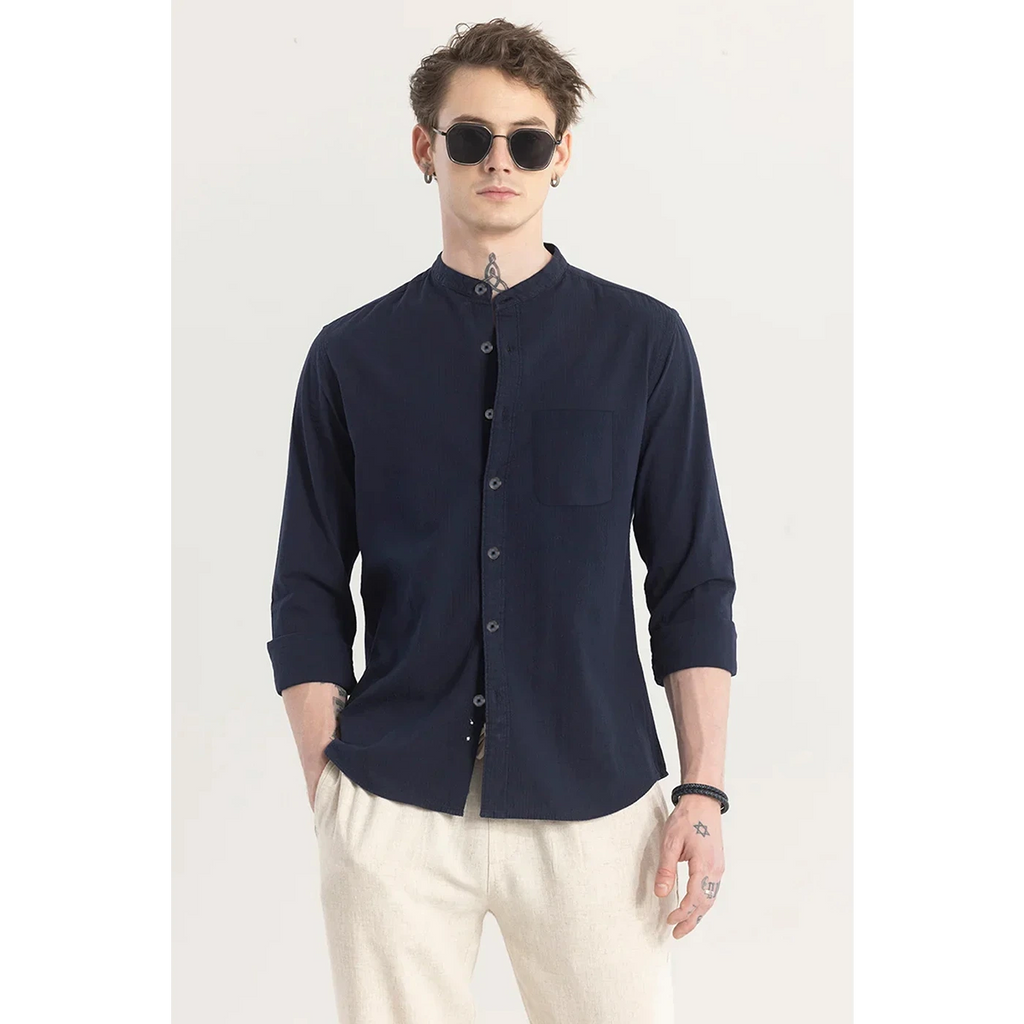 Navy Mandarin Collar Pocket Slim Shirt | Montivo Pakistan