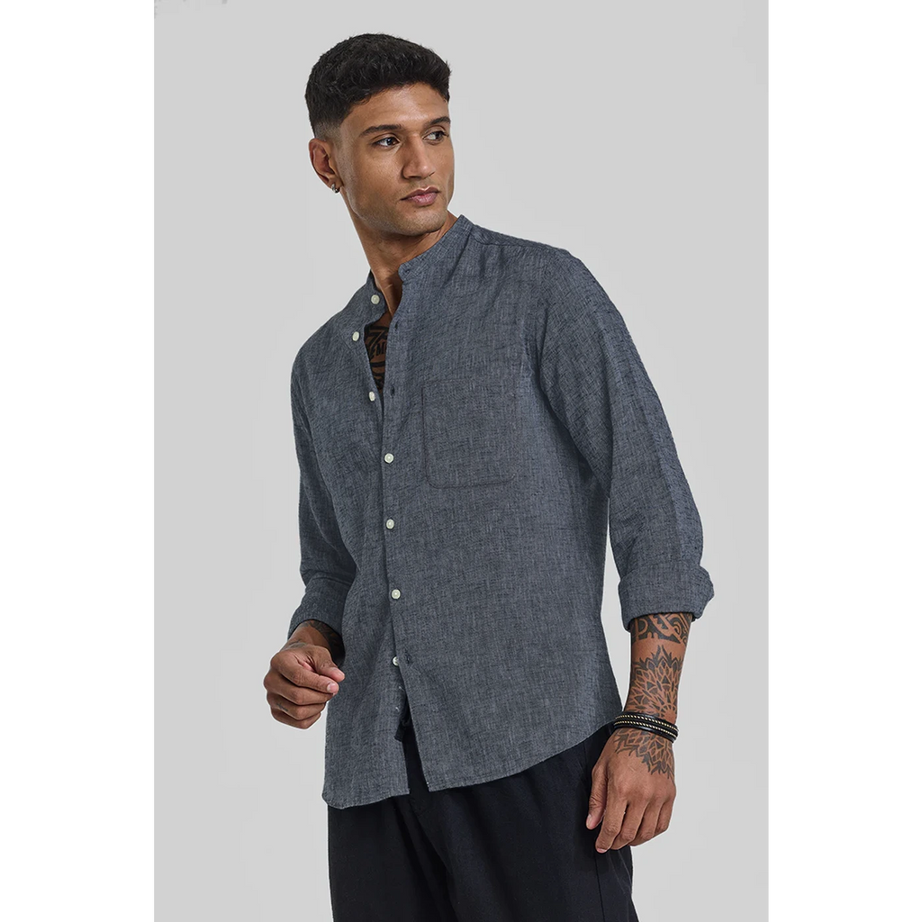 Grey Textured Mandarin Pocket Slim Shirt | Montivo Pakistan