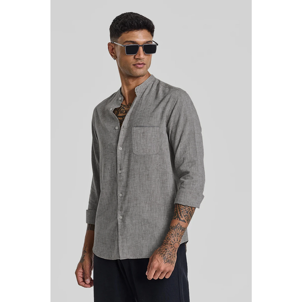 Light Grey Textured Mandarin Pocket Slim Shirt | Montivo Pakistan