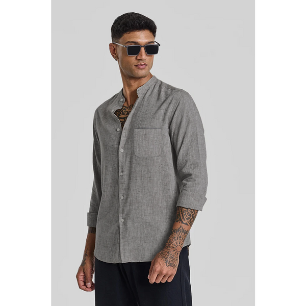 Light Grey Textured Mandarin Pocket Slim Shirt | Montivo Pakistan
