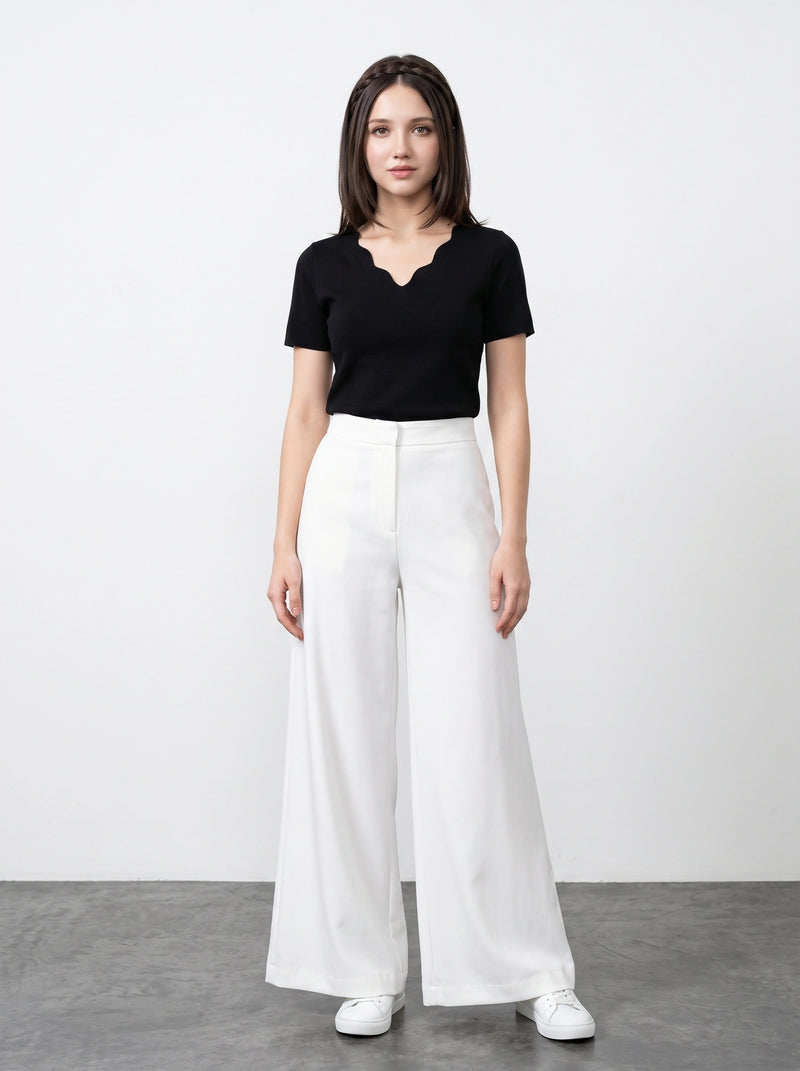Plain Scallop Edge Neck Short Sleeve Top | Montivo Pakistan
