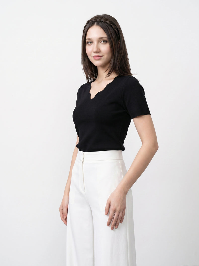 Plain Scallop Edge Neck Short Sleeve Top | Montivo Pakistan