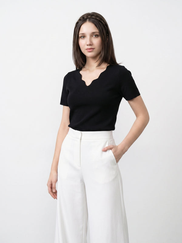 Plain Scallop Edge Neck Short Sleeve Top | Montivo Pakistan