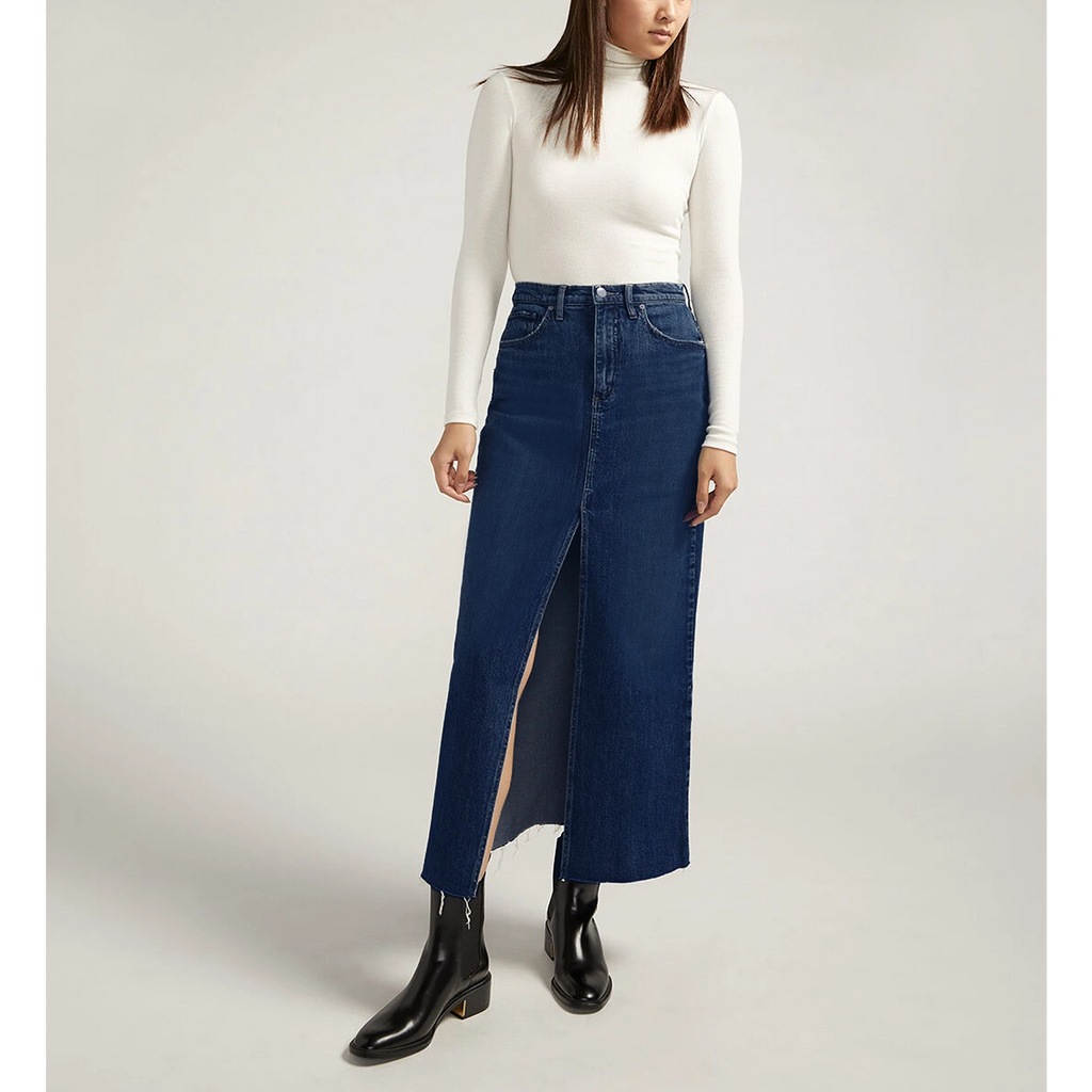 Dark Blue Front Slit Maxi Denim Skirt | Montivo Pakistan
