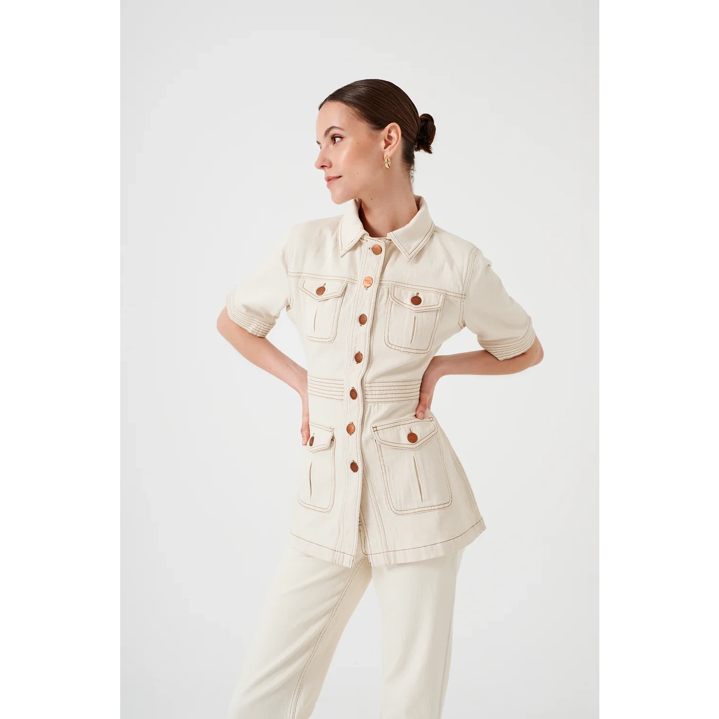 Ecru Short Sleeves Denim Shirt | Montivo Pakistan