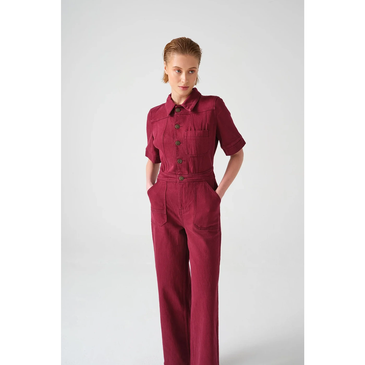 Burgundy Wide Leg Denim Jumpsuit | Montivo Pakistan