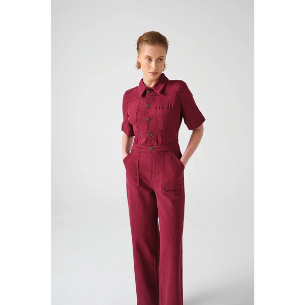 Burgundy Wide Leg Denim Jumpsuit | Montivo Pakistan