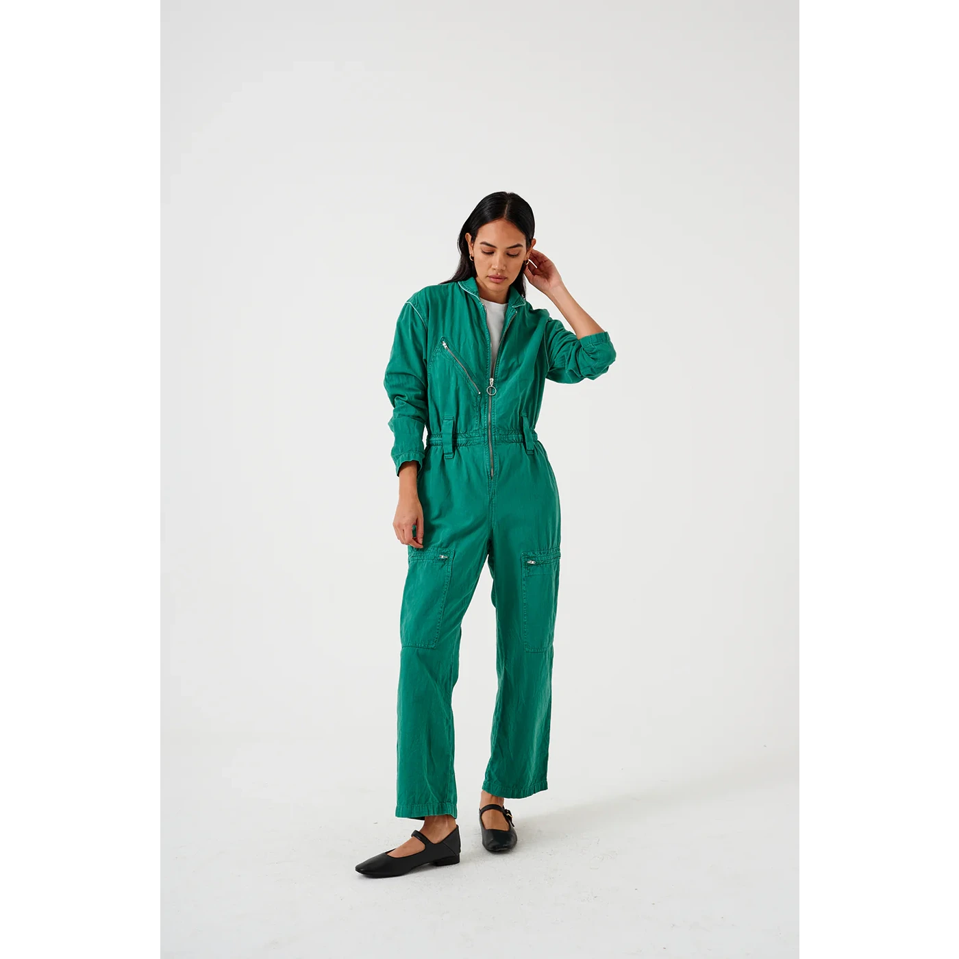 Jade Green Denim Long Jumpsuit | Montivo Pakistan