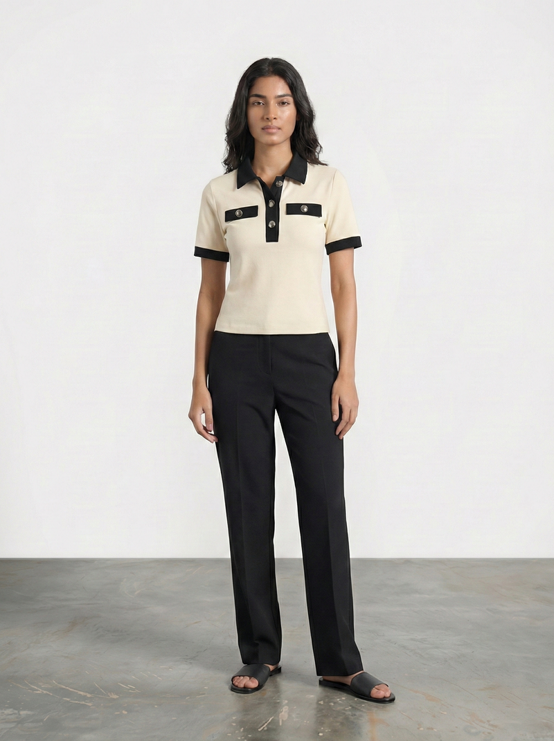 Ecru Contrast Trim Button Polo | Montivo Pakistan