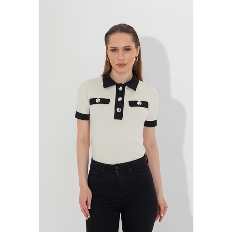 Ecru Contrast Trim Button Polo | Montivo Pakistan