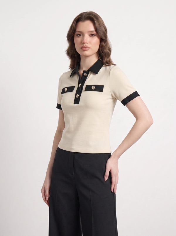 Ecru Contrast Trim Button Polo | Montivo Pakistan