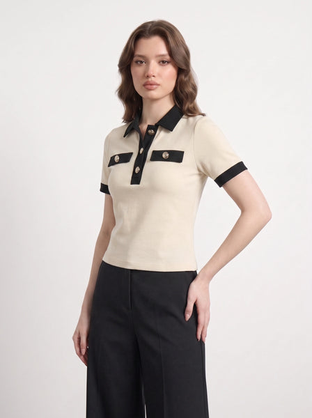 Ecru Contrast Trim Button Polo | Montivo Pakistan
