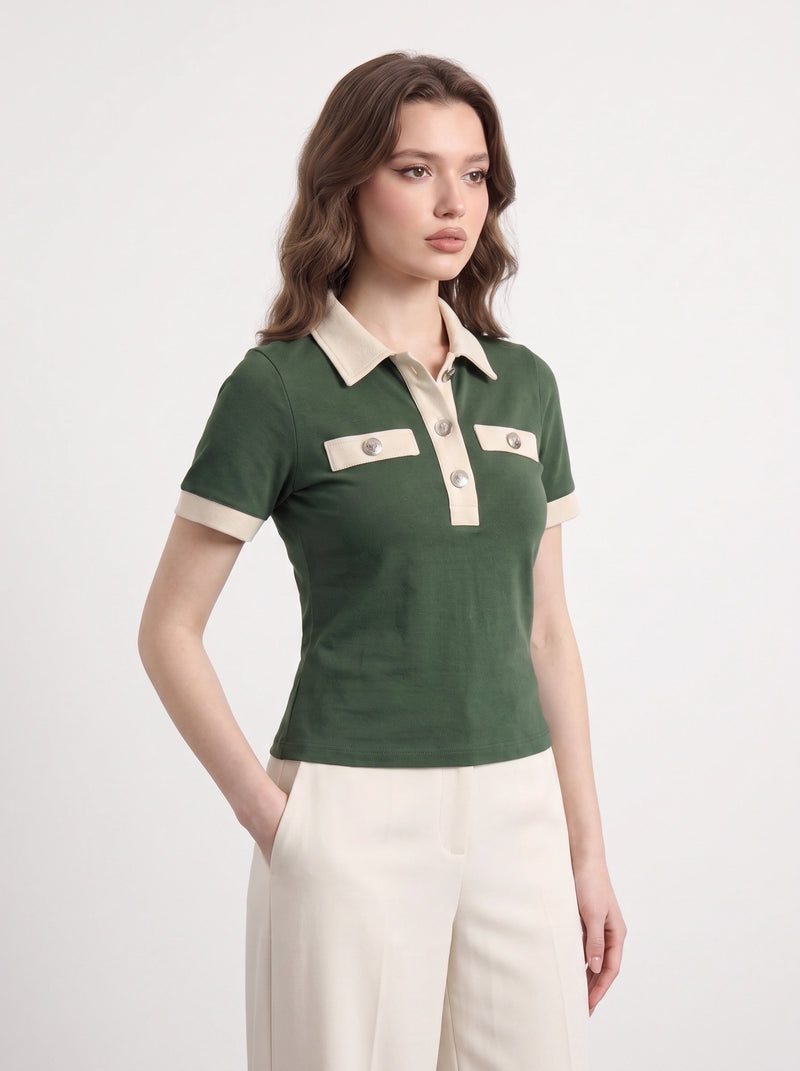 Green Contrast Trim Button Polo | Montivo Pakistan