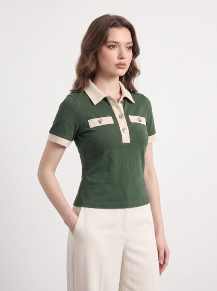 Green Contrast Trim Button Polo | Montivo Pakistan