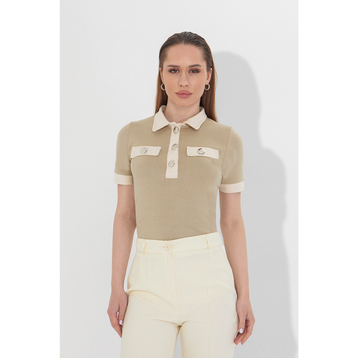 Beige Contrast Trim Button Polo | Montivo Pakistan