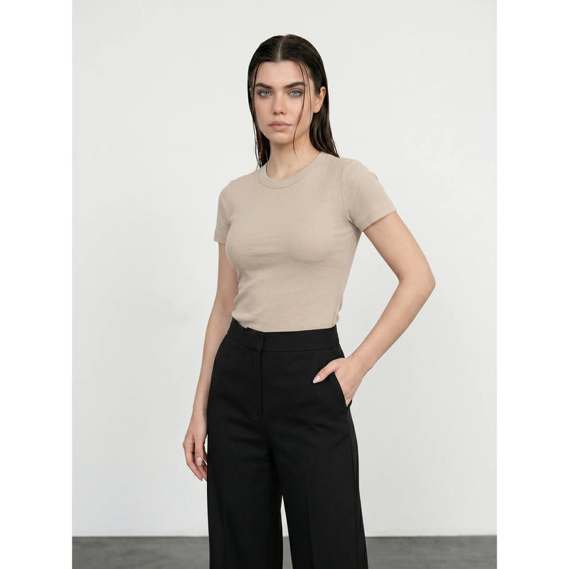 Beige Ribbed Fitted Tshirt | Montivo Pakistan