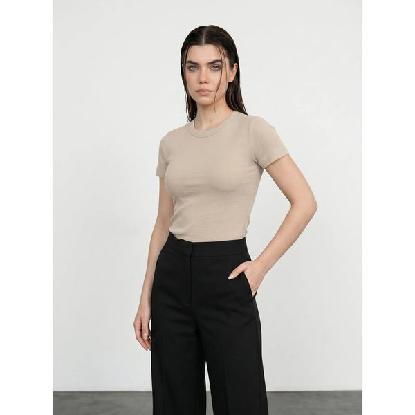 Beige Ribbed Fitted Tshirt | Montivo Pakistan