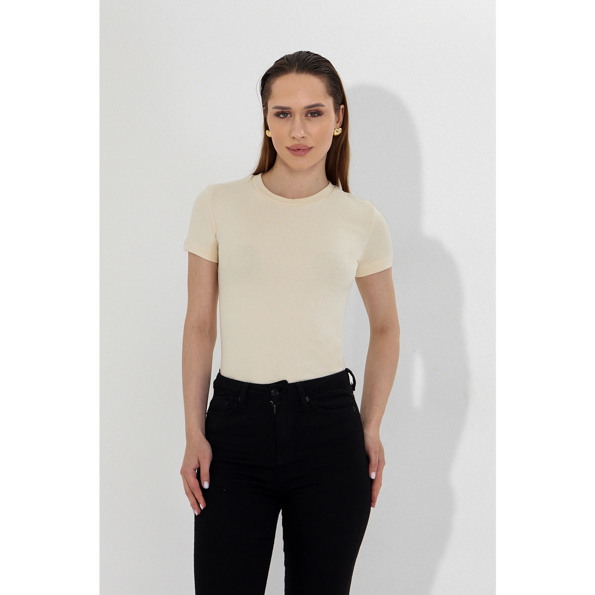 Ecru Ribbed Fitted Tshirt | Montivo Pakistan