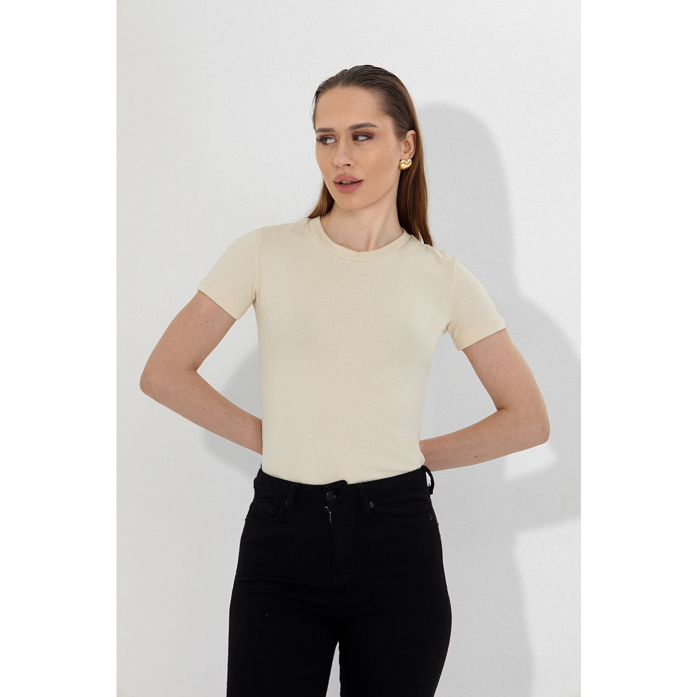 Ecru Ribbed Fitted Tshirt | Montivo Pakistan