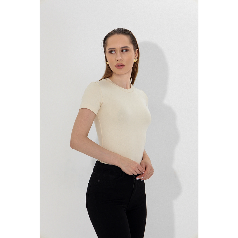 Ecru Ribbed Fitted Tshirt | Montivo Pakistan