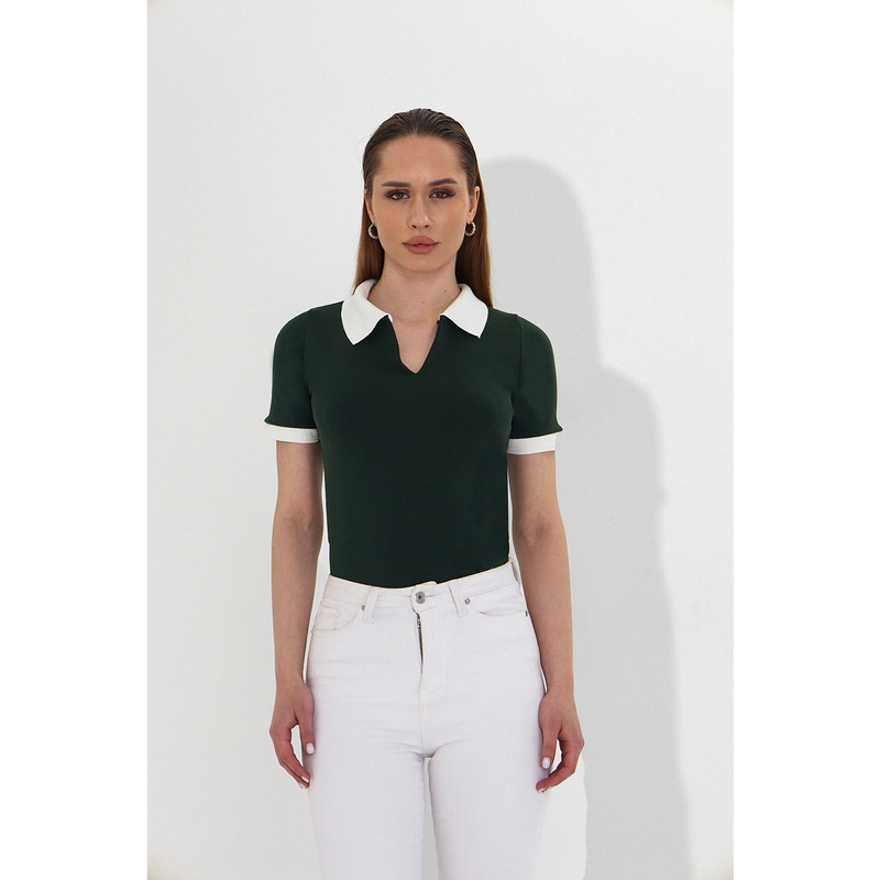 Green V Neck Contrast Polo | Montivo Pakistan