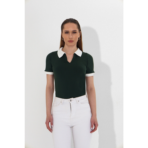 Green V Neck Contrast Polo | Montivo Pakistan