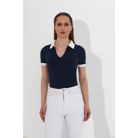 Blue V Neck Contrast Polo | Montivo Pakistan