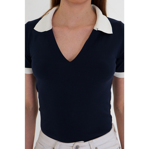 Blue V Neck Contrast Polo | Montivo Pakistan