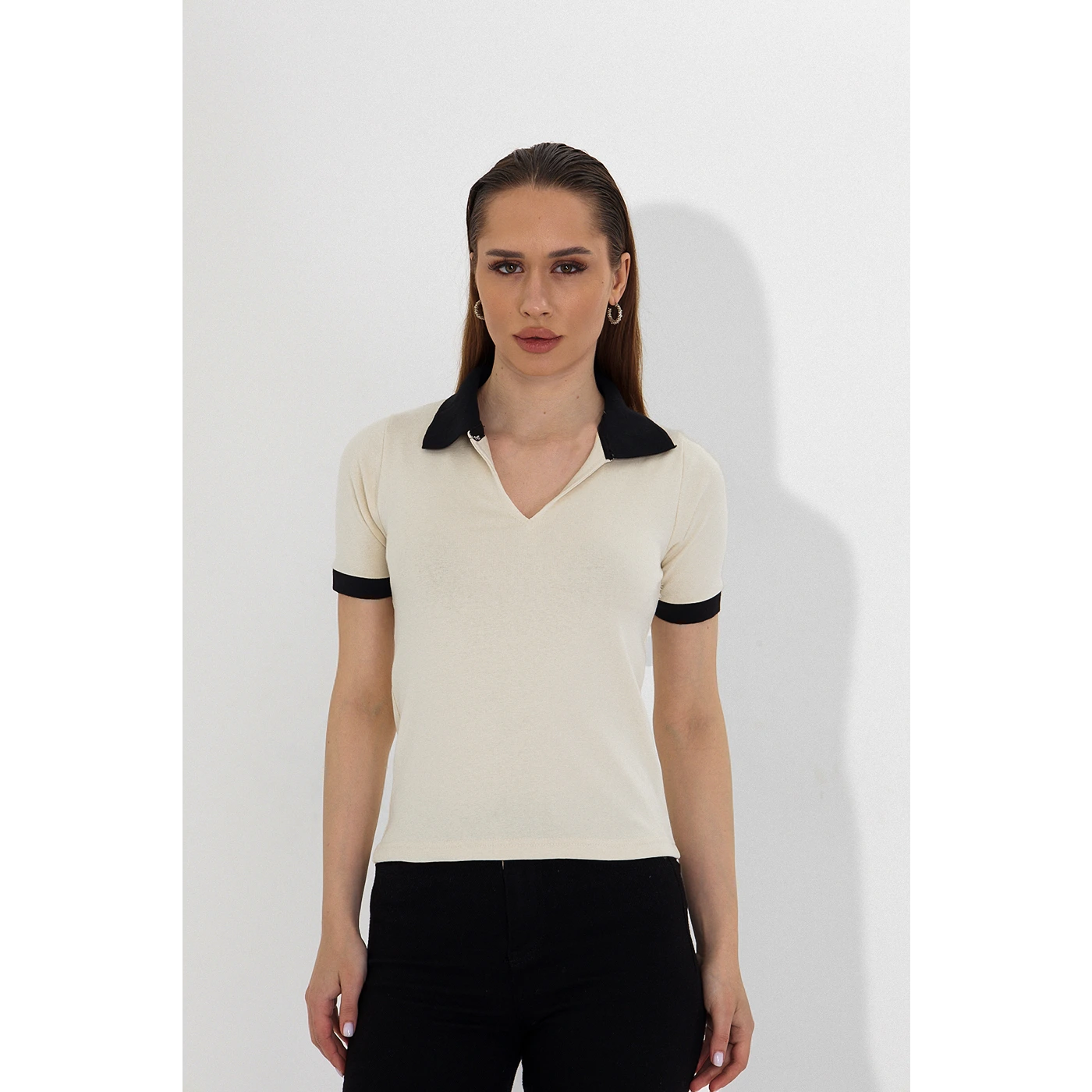 Ecru V Neck Contrast Polo | Montivo Pakistan