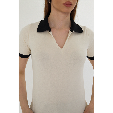Ecru V Neck Contrast Polo | Montivo Pakistan