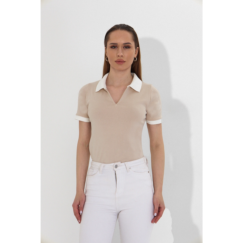Beige V Neck Contrast Polo | Montivo Pakistan
