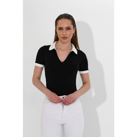 Black V Neck Contrast Polo | Montivo Pakistan