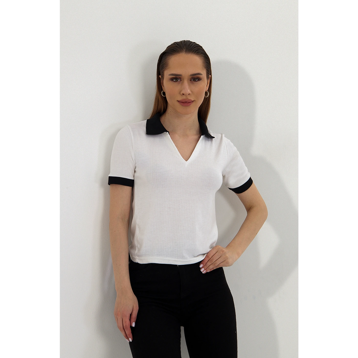 White V Neck Contrast Polo | Montivo Pakistan