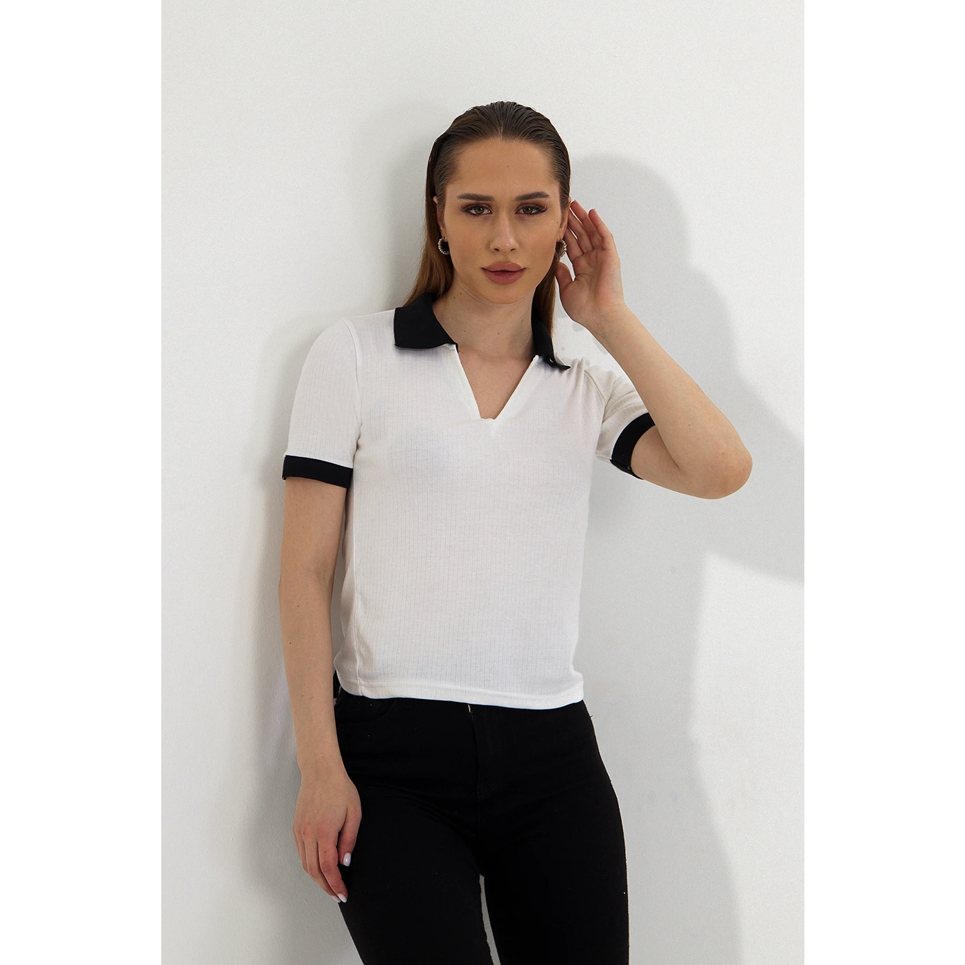 White V Neck Contrast Polo | Montivo Pakistan