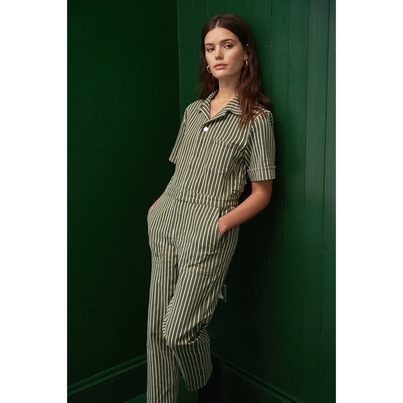 Khaki Stripes Denim Jumpsuit | Montivo Pakistan