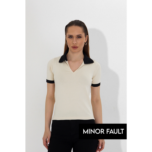 (Minor Fault) Ecru V Neck Contrast Polo | Montivo Pakistan
