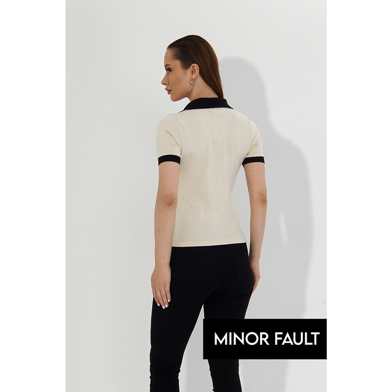 (Minor Fault) Ecru V Neck Contrast Polo | Montivo Pakistan