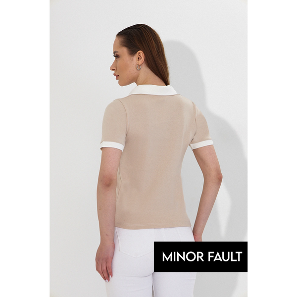 (Minor Fault) Beige V Neck Contrast Polo | Montivo Pakistan