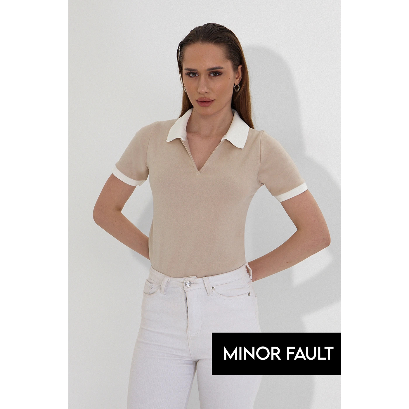 (Minor Fault) Beige V Neck Contrast Polo | Montivo Pakistan