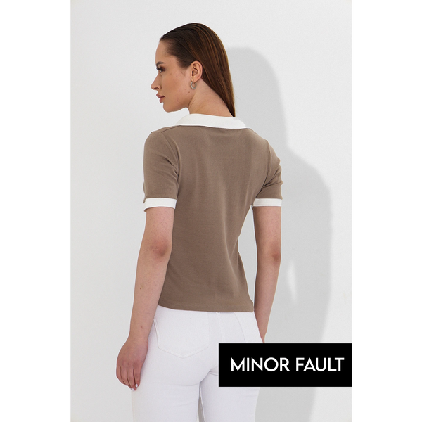 (Minor Fault) Brown V Neck Contrast Polo | Montivo Pakistan