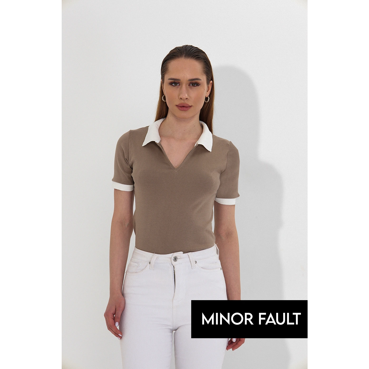 (Minor Fault) Brown V Neck Contrast Polo | Montivo Pakistan