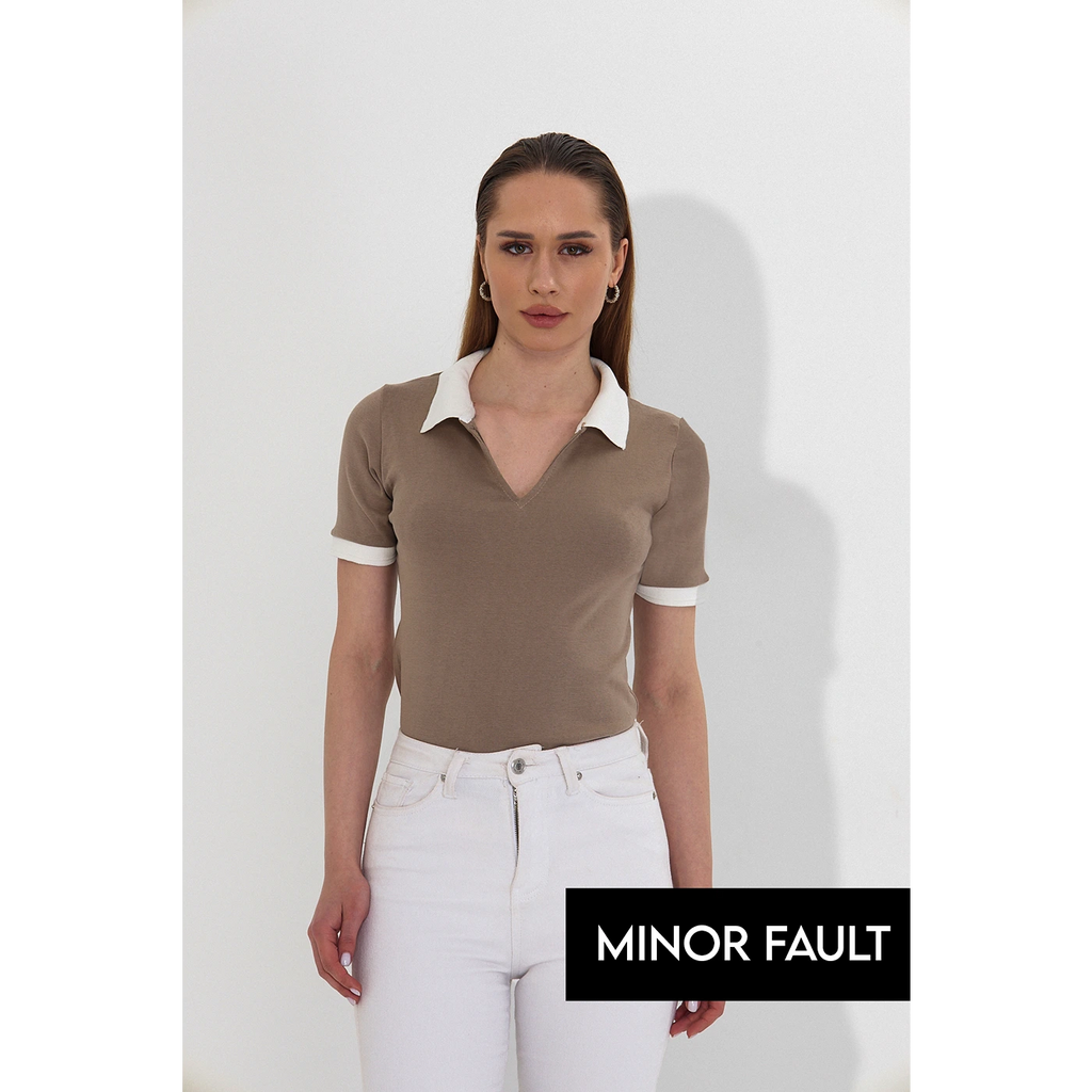 (Minor Fault) Brown V Neck Contrast Polo | Montivo Pakistan