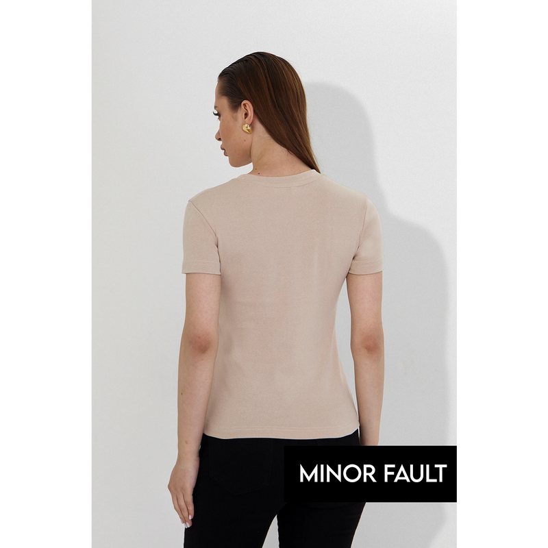 (Minor Fault) Beige Ribbed Fitted Tshirt | Montivo Pakistan