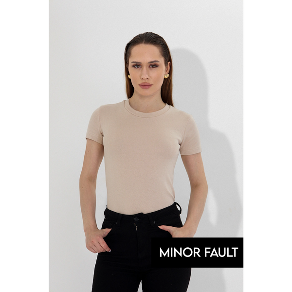 (Minor Fault) Beige Ribbed Fitted Tshirt | Montivo Pakistan