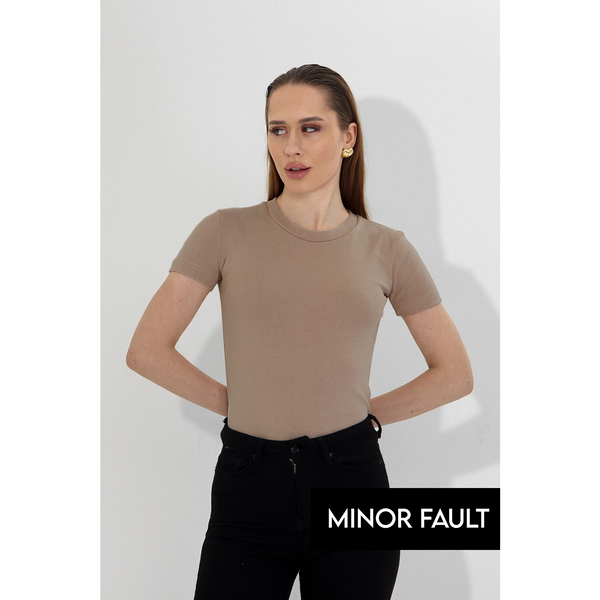 (Minor Fault) Brown Ribbed Fitted Tshirt | Montivo Pakistan