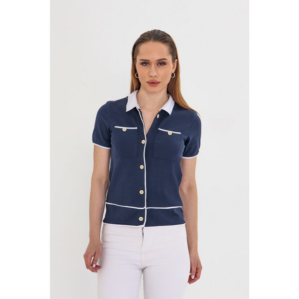 Navy Short-Sleeves Contrast Trim Shirt | Montivo Pakistan
