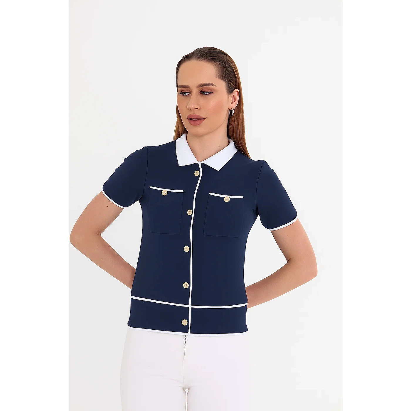 Navy Short-Sleeves Contrast Trim Shirt | Montivo Pakistan