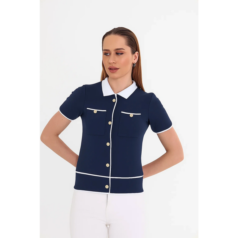 Navy Short-Sleeves Contrast Trim Shirt | Montivo Pakistan