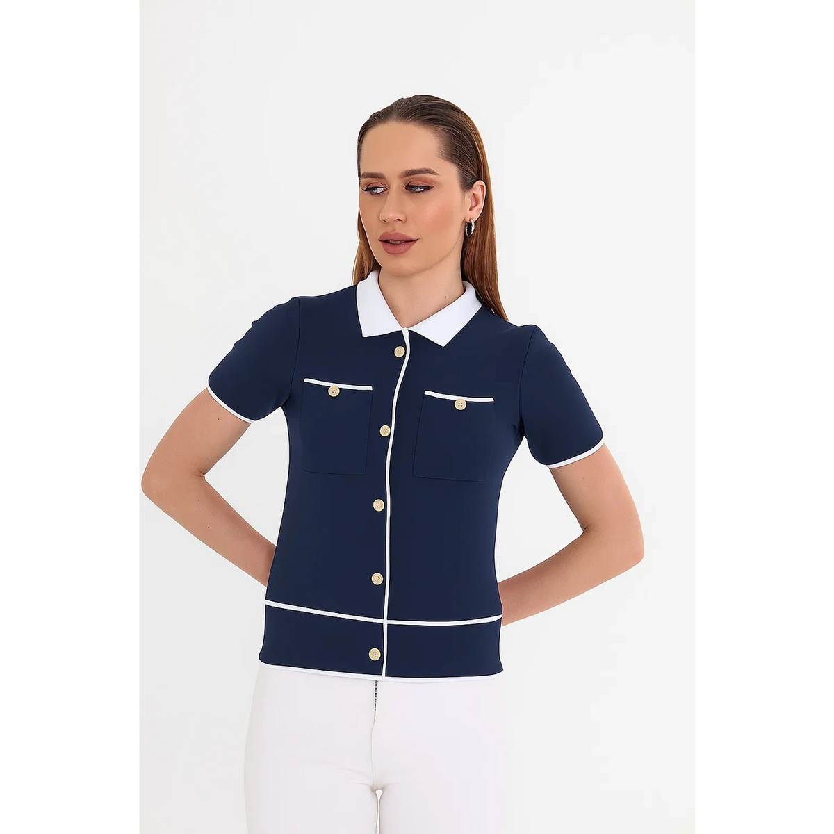 Navy Short-Sleeves Contrast Trim Shirt | Montivo Pakistan